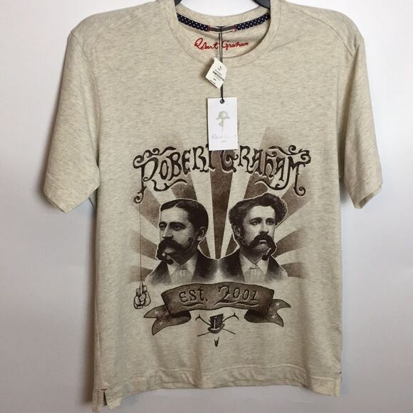 NWT Robert Graham Movember graphic short sleeve oatmeal tee t-shirt Sz Medium - Picture 1 of 16